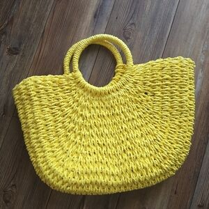 CROSSI Yellow Woven Straw Tote Bag With Round Handle